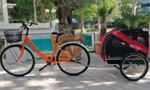Bicicletta arancione con rimorchio per animali domestici in un ambiente urbano.